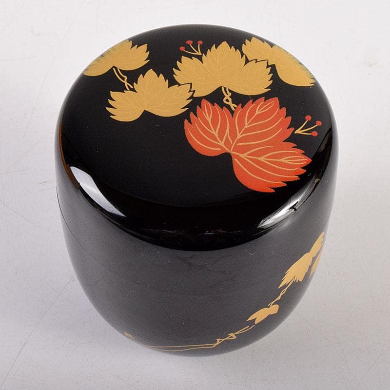 Black Lacquer Natsume by Seizan - Gold Red Ivy Maki-e Tea Caddy with Box