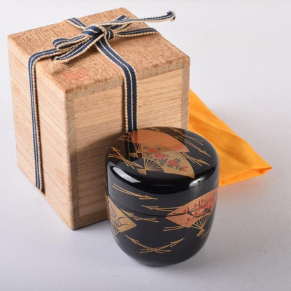 Wajima-nuri Senmen Maki-e Natsume by Shimizu Shozo - Gold Fan Design Tea Caddy with Box
