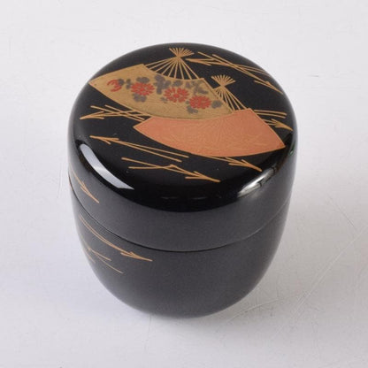 Wajima-nuri Senmen Maki-e Natsume by Shimizu Shozo - Gold Fan Design Tea Caddy with Box