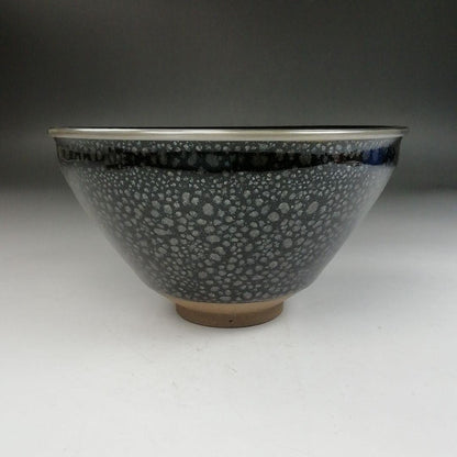 Koie Tsuyoshi Yuteki Tenmoku Chawan — Silver Oil-Spot Tea Bowl with Silver Fukurin Rim & Signed Tomobako