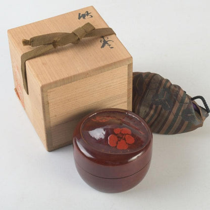 Antique Bamboo Core Vermilion Urushi Natsume | Shochikubai Pine Bamboo Plum Lacquer Tea Caddy | Shifuku & Hakogaki Box