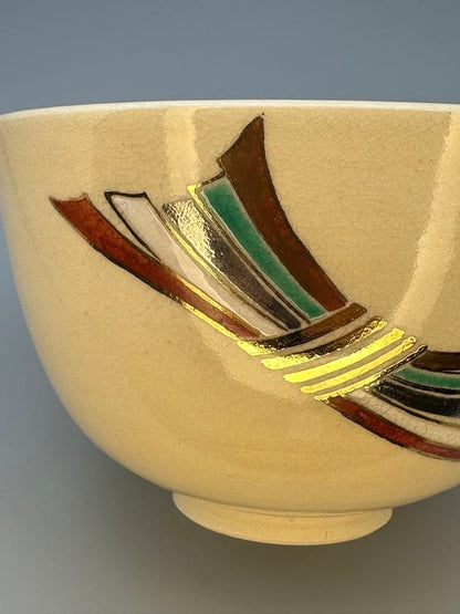 Eiraku Zengorō Noshi Ribbon Tea Bowl Kyo-yaki Kinrande Gold Iro-e Chawan