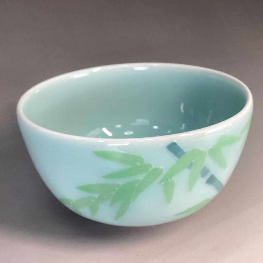 Celadon Tea Bowl Bamboo Motif Tomura Kiln Hand-Painted Seiji Chawan