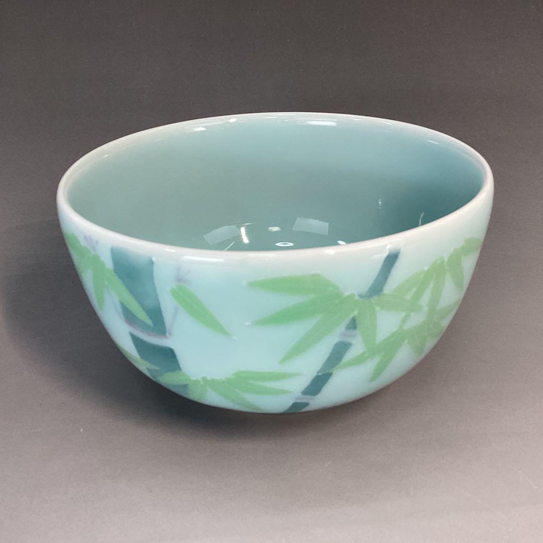 Celadon Tea Bowl Bamboo Motif Tomura Kiln Hand-Painted Seiji Chawan
