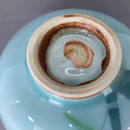 Celadon Tea Bowl Bamboo Motif Tomura Kiln Hand-Painted Seiji Chawan