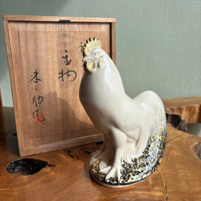 Ishida Rainosuke Kyoto Ware Rooster Figurine — Shinnen Tori Year Gold Enamel Sculpture, Signed Box
