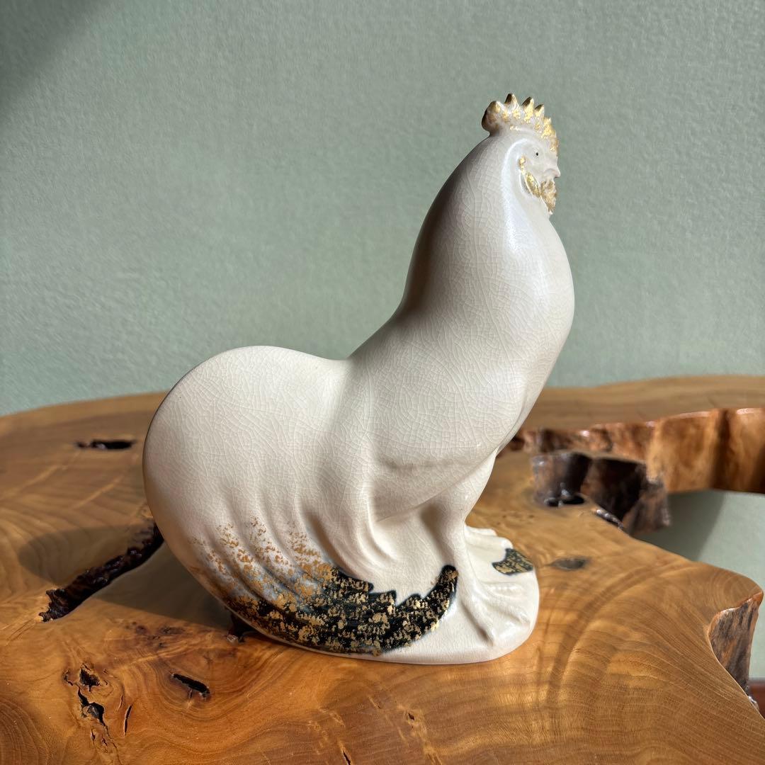 Ishida Rainosuke Kyoto Ware Rooster Figurine — Shinnen Tori Year Gold Enamel Sculpture, Signed Box