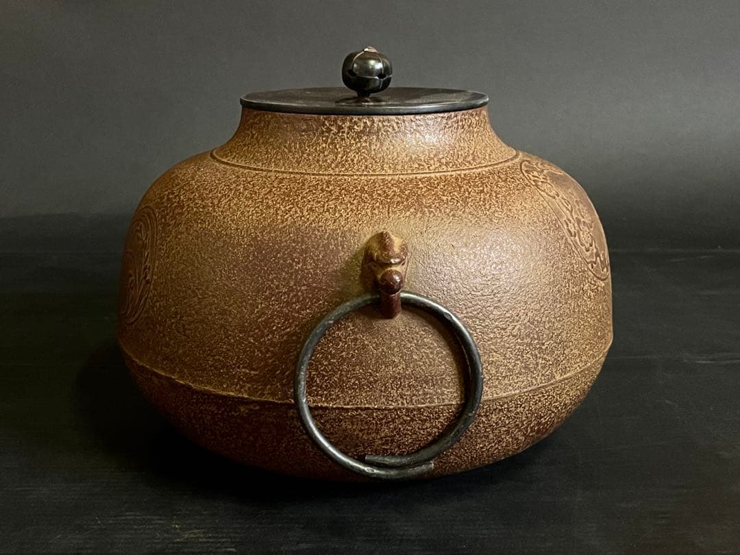 Shikunshi Four Gentlemen Iron Kettle by Josei - Kuchirigama Ro Chagama with Arare Texture