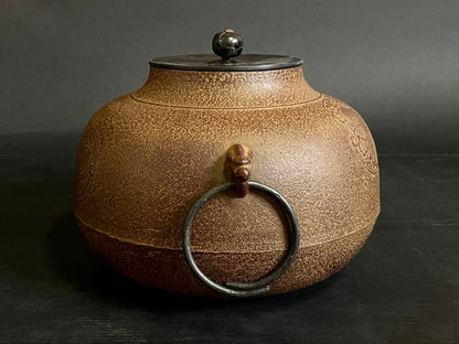 Shikunshi Four Gentlemen Iron Kettle by Josei - Kuchirigama Ro Chagama with Arare Texture