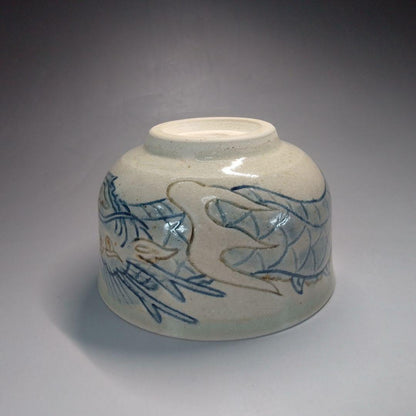 Ofukei Chawan Dragon Motif — Fuji-gama Kiln, Cobalt and Iron on Ash Glaze, Tomobako