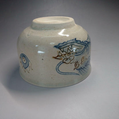 Ofukei Chawan Dragon Motif — Fuji-gama Kiln, Cobalt and Iron on Ash Glaze, Tomobako