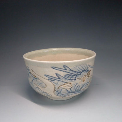 Ofukei Chawan Dragon Motif — Fuji-gama Kiln, Cobalt and Iron on Ash Glaze, Tomobako