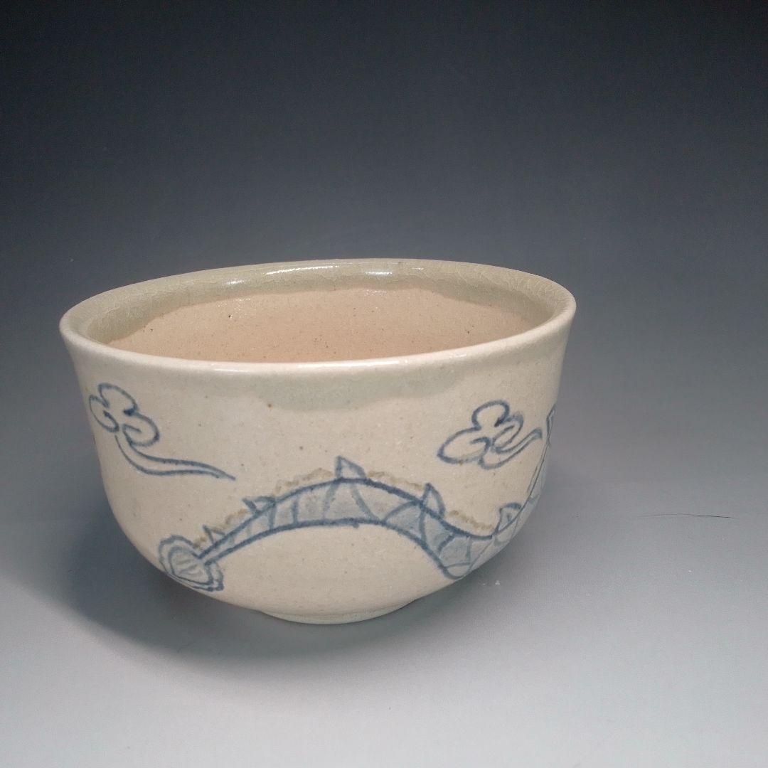 Ofukei Chawan Dragon Motif — Fuji-gama Kiln, Cobalt and Iron on Ash Glaze, Tomobako