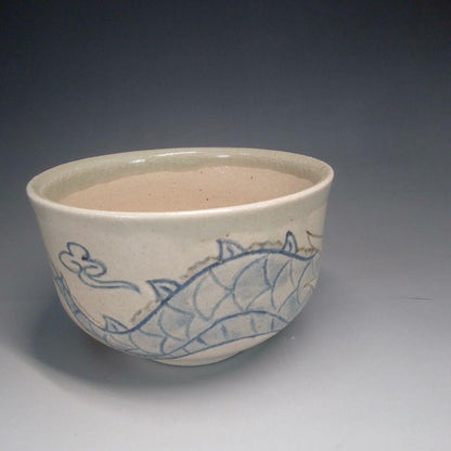 Ofukei Chawan Dragon Motif — Fuji-gama Kiln, Cobalt and Iron on Ash Glaze, Tomobako