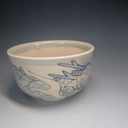Ofukei Chawan Dragon Motif — Fuji-gama Kiln, Cobalt and Iron on Ash Glaze, Tomobako
