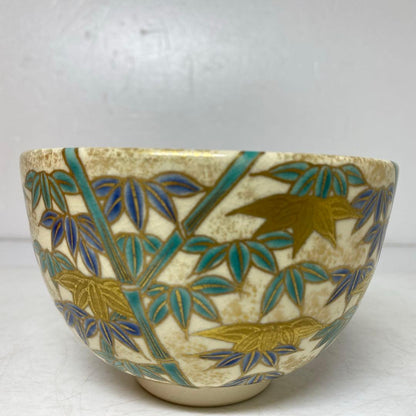 Ninsei-Style Bamboo Grove Chawan by Kazukoichi Ueyama — Kyoto Kyo-yaki Tea Bowl, Gold Silver Enamel, Tomobako