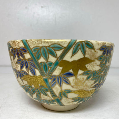 Ninsei-Style Bamboo Grove Chawan by Kazukoichi Ueyama — Kyoto Kyo-yaki Tea Bowl, Gold Silver Enamel, Tomobako