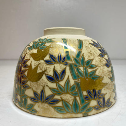 Ninsei-Style Bamboo Grove Chawan by Kazukoichi Ueyama — Kyoto Kyo-yaki Tea Bowl, Gold Silver Enamel, Tomobako