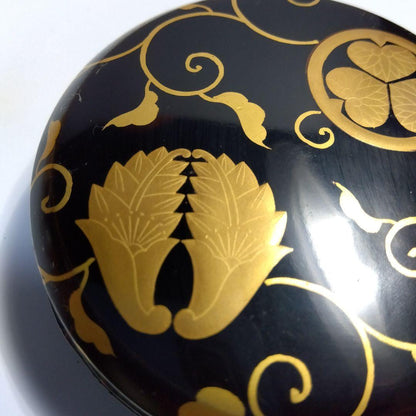 Kyoto Maki-e Kogo Incense Container - Gold Aoi-Mon & Lotus with Signed Box