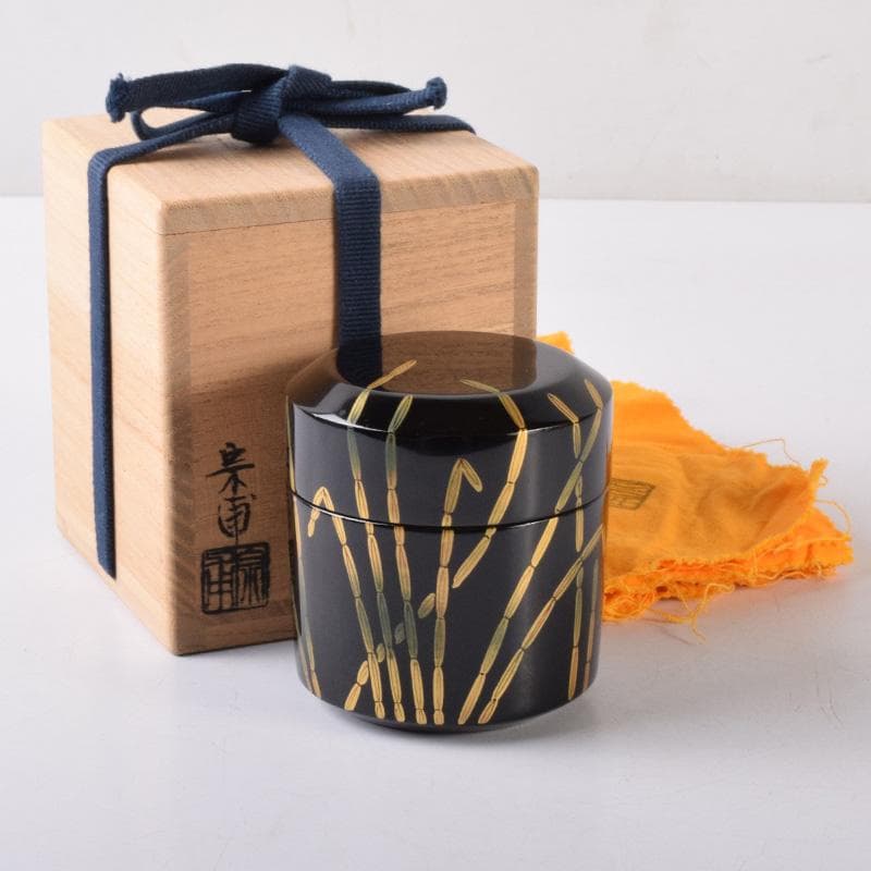 Black Lacquer Natsume Tea Caddy by Saito Soho - Gold Bamboo Maki-e with Box