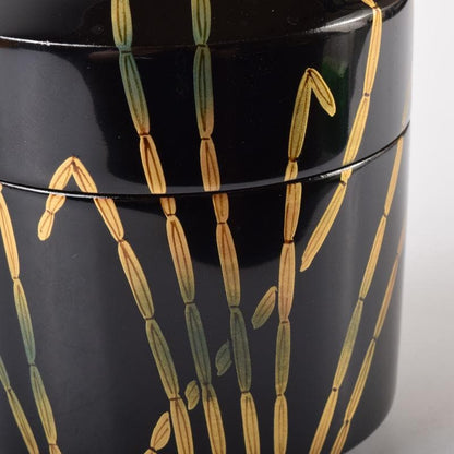 Black Lacquer Natsume Tea Caddy by Saito Soho - Gold Bamboo Maki-e with Box