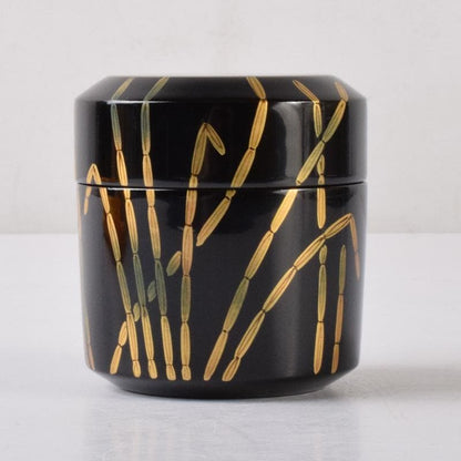 Black Lacquer Natsume Tea Caddy by Saito Soho - Gold Bamboo Maki-e with Box