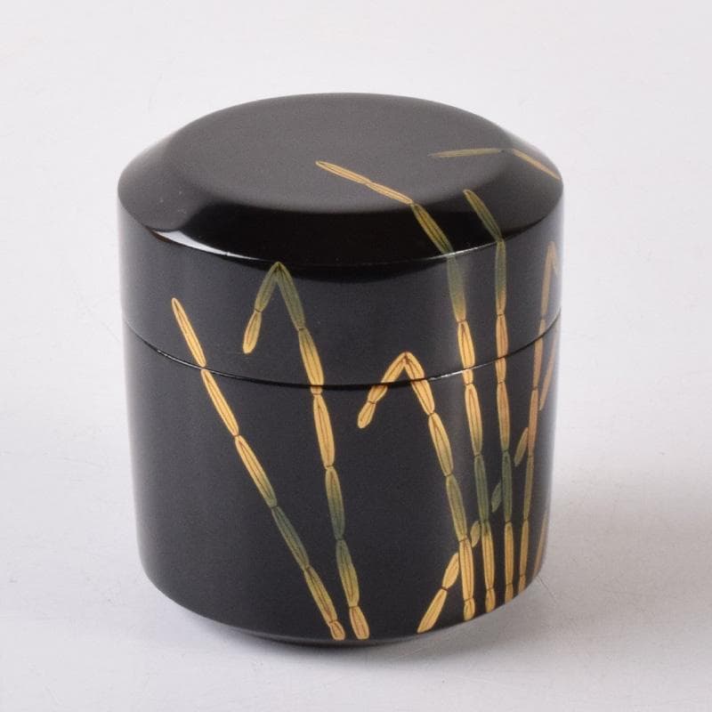 Black Lacquer Natsume Tea Caddy by Saito Soho - Gold Bamboo Maki-e with Box