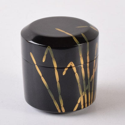 Black Lacquer Natsume Tea Caddy by Saito Soho - Gold Bamboo Maki-e with Box