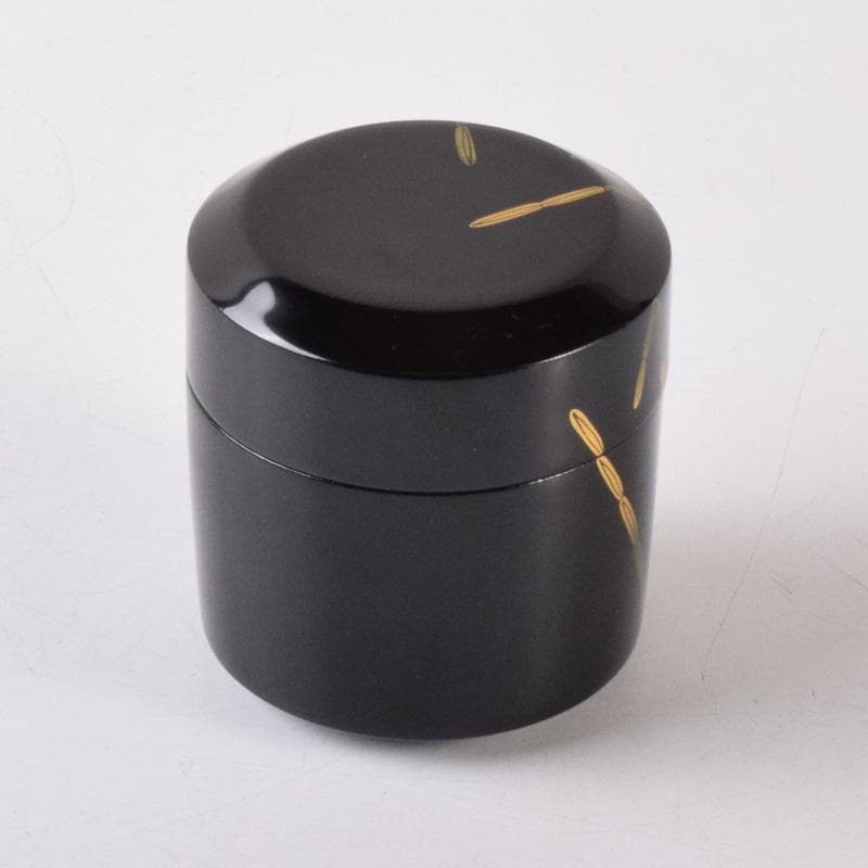 Black Lacquer Natsume Tea Caddy by Saito Soho - Gold Bamboo Maki-e with Box