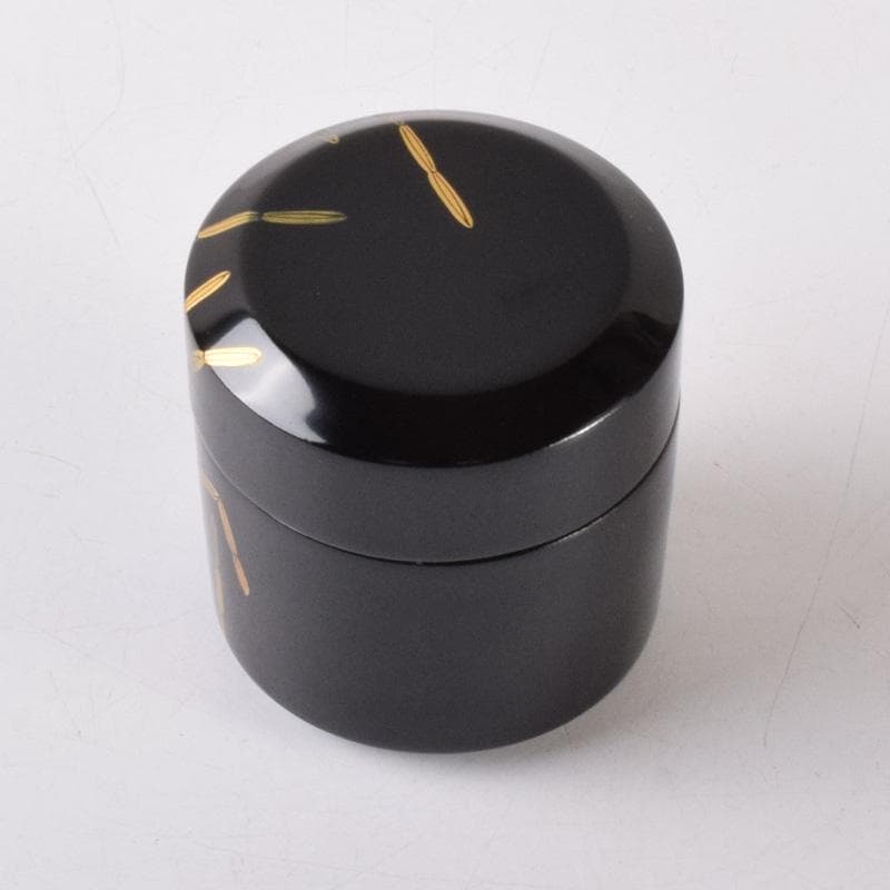 Black Lacquer Natsume Tea Caddy by Saito Soho - Gold Bamboo Maki-e with Box