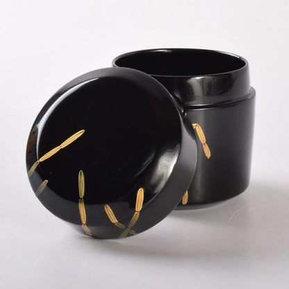 Black Lacquer Natsume Tea Caddy by Saito Soho - Gold Bamboo Maki-e with Box
