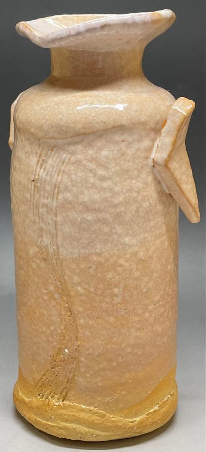 Hagi Ware Ear-Handled Vase by Saka Koraizaemon XII, Himehagi Glaze Hanaire with Signed Tomobako