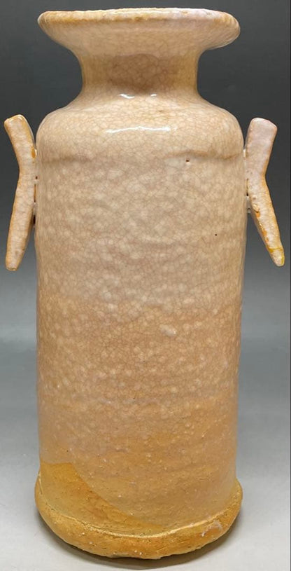 Hagi Ware Ear-Handled Vase by Saka Koraizaemon XII, Himehagi Glaze Hanaire with Signed Tomobako