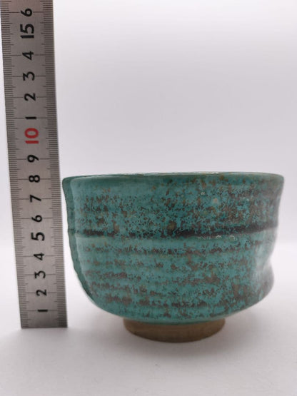Agano Ware Tea Bowl - Copper Green Ash Glaze - 15th Gen Kumagai Koyo - Enshu Seven Kilns
