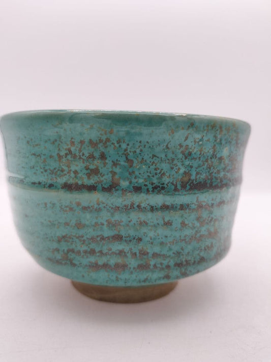 Agano Ware Tea Bowl - Copper Green Ash Glaze - 15th Gen Kumagai Koyo - Enshu Seven Kilns