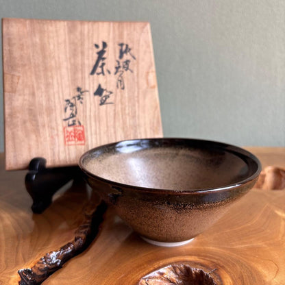 Taihi Tenmoku Tea Bowl Kutani Ware Togaku Kiln — Amber-Mottled Glaze Chawan