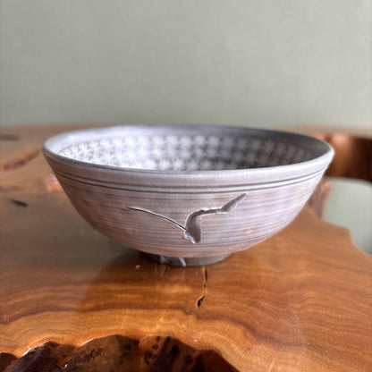 Mishima-de Inlaid Slip Tea Bowl by Uno Toru - Korean-Inspired Hira-Chawan with Signed Box