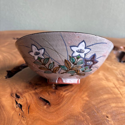 Autumn Grass Iro-e Hira Chawan by Kazan — Kikyo Bellflower Overglaze Enamel Flat Matcha Bowl, Signed Tomobako