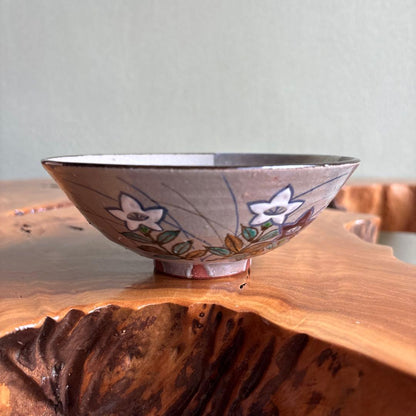 Autumn Grass Iro-e Hira Chawan by Kazan — Kikyo Bellflower Overglaze Enamel Flat Matcha Bowl, Signed Tomobako