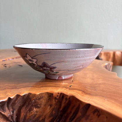 Autumn Grass Iro-e Hira Chawan by Kazan — Kikyo Bellflower Overglaze Enamel Flat Matcha Bowl, Signed Tomobako