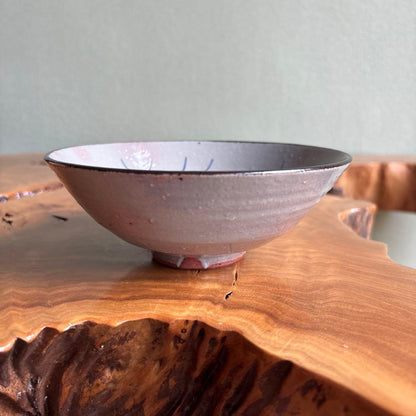 Autumn Grass Iro-e Hira Chawan by Kazan — Kikyo Bellflower Overglaze Enamel Flat Matcha Bowl, Signed Tomobako