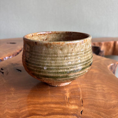 Shigaraki Chawan by Shozaemon - Japanese Matcha Bowl with Green Ash Glaze and Hiiro Fire Color, Signed Box