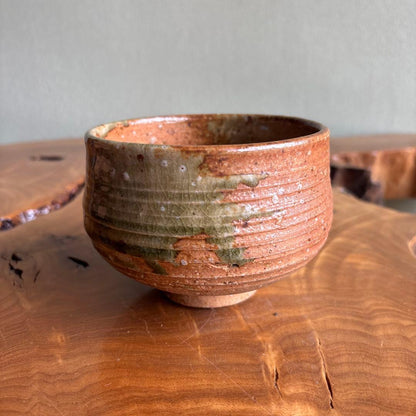 Shigaraki Chawan by Shozaemon - Japanese Matcha Bowl with Green Ash Glaze and Hiiro Fire Color, Signed Box