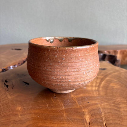 Shigaraki Chawan by Shozaemon - Japanese Matcha Bowl with Green Ash Glaze and Hiiro Fire Color, Signed Box