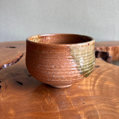 Shigaraki Chawan by Shozaemon - Japanese Matcha Bowl with Green Ash Glaze and Hiiro Fire Color, Signed Box