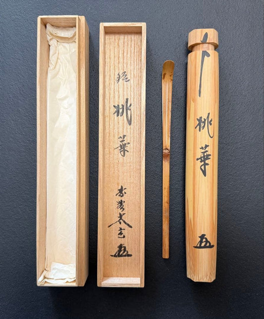 Tea Scoop by Kobayashi Taigen, Head Priest of Daitokuji Obai-in — Mei 'Toyo' (Peach Leaf), Signed Box