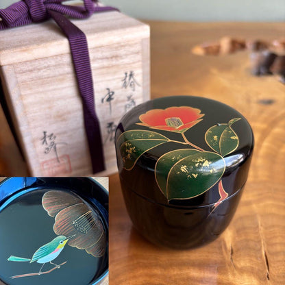 Camellia Maki-e Natsume Tea Caddy by Nakatide Shoho — White-Eye Bird, Silver Dust, Lacquer, Tomobako