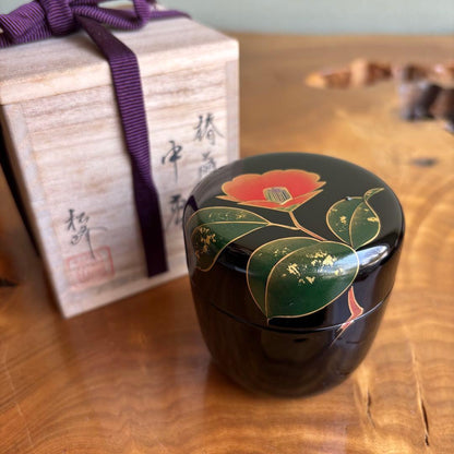 Camellia Maki-e Natsume Tea Caddy by Nakatide Shoho — White-Eye Bird, Silver Dust, Lacquer, Tomobako