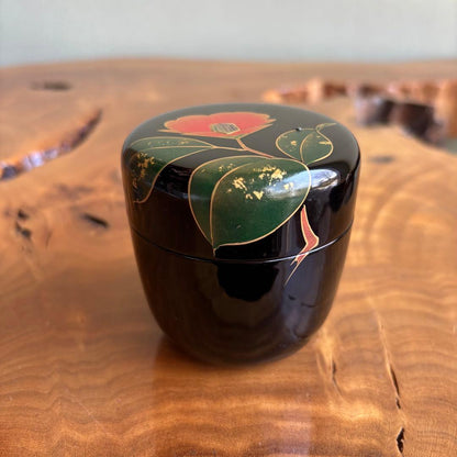 Camellia Maki-e Natsume Tea Caddy by Nakatide Shoho — White-Eye Bird, Silver Dust, Lacquer, Tomobako