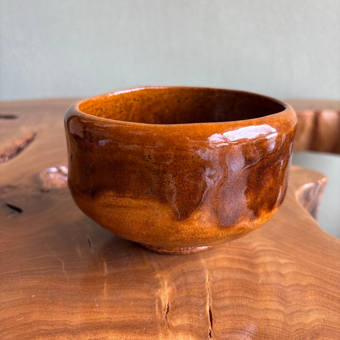 Ohi-Yaki Tea Bowl by Ohi Ippei | Amber Ame Glaze Chawan | Signed Box | Kaga Tradition